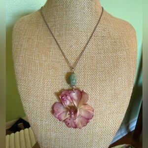 Elegant Natural Preserved Pink Rose Flower Pendant Necklace